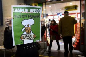 Charlie Hebdo in front of a news stand in Lausanne